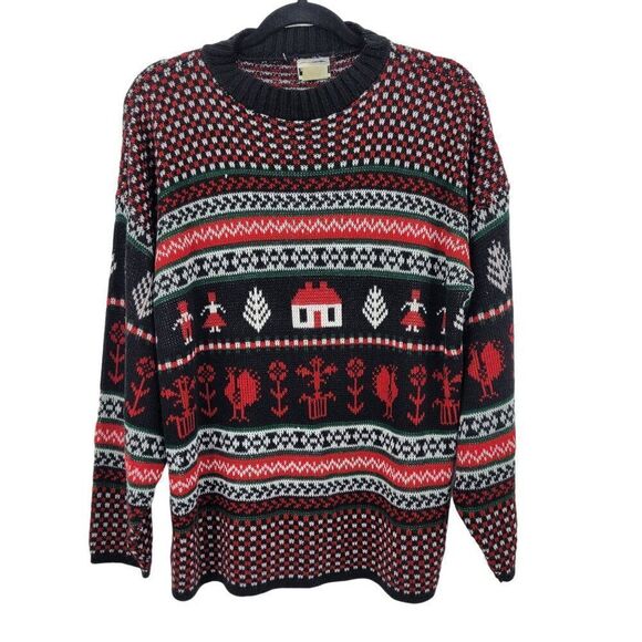 Vintage Ugly Christmas Sweater L Navy Red Argyle Non Itch Holiday Party USA - Picture 1 of 8